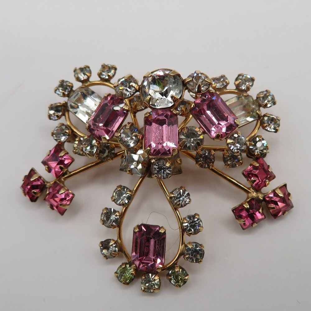 Vintage DeCurtis Pink Clear Rhinestone 12KGF Gold Tone Brooch Pendant
